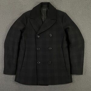 Theory Pea Coat Mens Small Black Plaid Double Breasted Wool Navy Naval Dock
